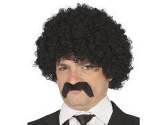 Peruca neagră cu păr creț și mustață - 1 buc.