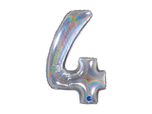 Balon din folie numărul 4 argintiu holografic cu sclipici - 26" - 1 buc.