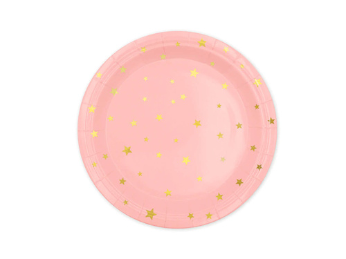 Farfurii de hârtie roz cu stele aurii - 18 cm - 6 buc.