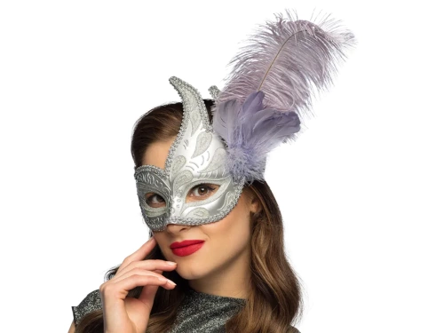 Mască de carnaval argintie Lady cu pene - 1 buc.