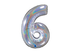 Balon din folie numărul 6 sclipici holografic argintiu - 26" - 1 buc.