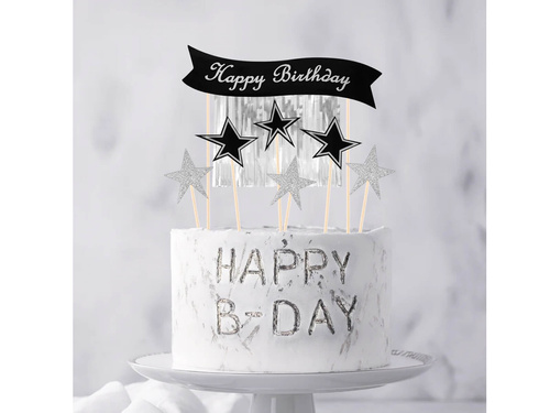 Topper de tort Happy Birthday cu culegătoare de argint - 7 buc.