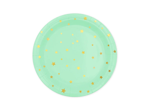 Farfurii de hârtie de mentă cu stele aurii - 18 cm - 6 buc.