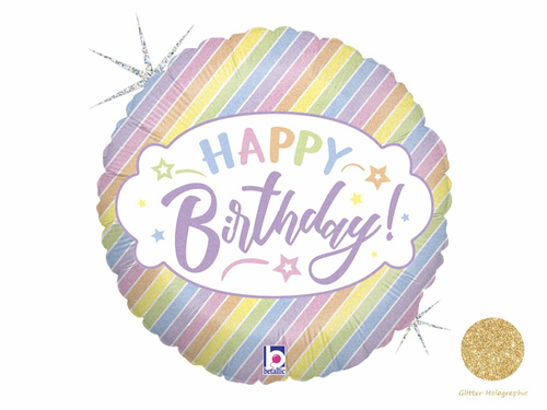 Balon din folie cu dungi pastelate Happy Birthday - 46 cm - 1 buc.