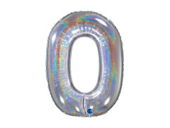 Balon din folie numărul 0 argintiu holografic sclipitor - 26" - 1 buc.