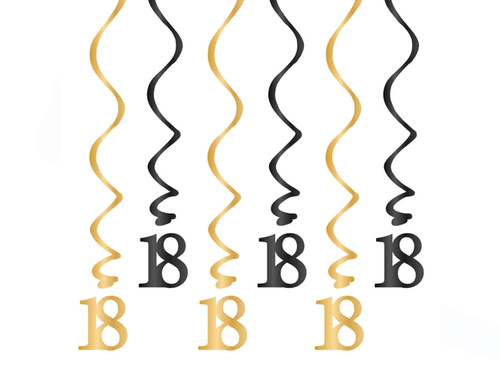 Vârtejuri de decor agățat pentru petrecerea de 18 ani auriu și negru - 6 buc.