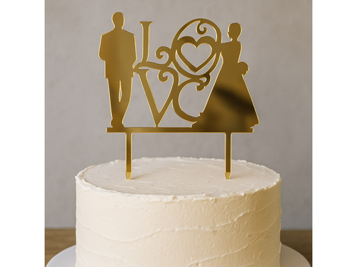 Topper de tort din plexiglas cu oglindă aurie Dragoste cu mire și mireasă - 16,5 cm