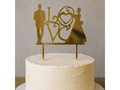 Topper de tort din plexiglas cu oglindă aurie Dragoste cu mire și mireasă - 16,5 cm