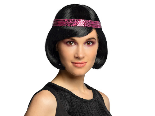 Peruca retro neagră cu bandă roz - 1 buc.
