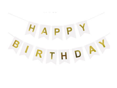 Steag alb cu inscripția Happy Birthday - 190 cm - 1 buc.