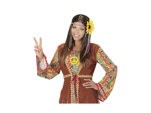 Peruca hippie maro cu bentiță multicoloră cu motive de floarea soarelui