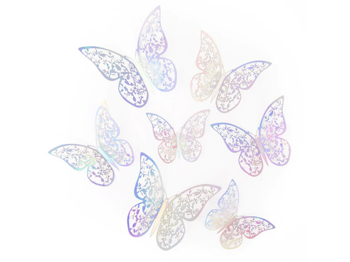 Abțibilduri cu fluturi din dantelă holografică argintie - 12 buc.