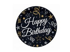 Farfurii Happy Birthday negru - 18 cm - 6 buc.