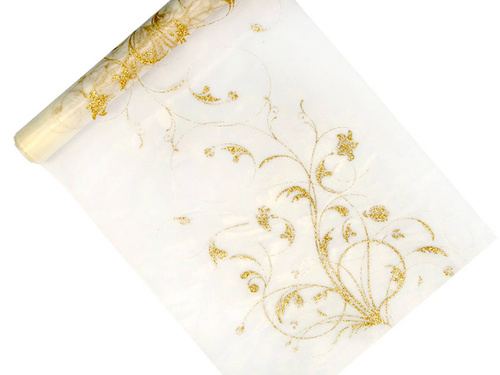 Organza ecru cu imprimeu auriu - 36 cm x 9 m.