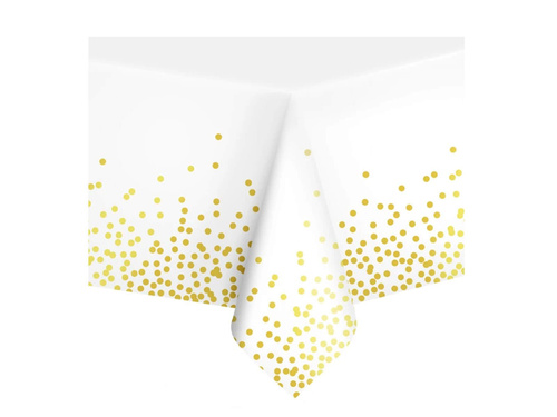 Față de masă aniversară albă cu puncte aurii - 137 x 274 cm - 1 buc.