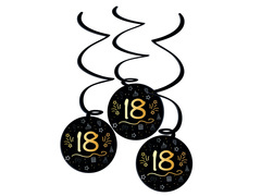 Vârtejuri de decor agățat pentru petrecerea de 18 ani negru - 3 buc.