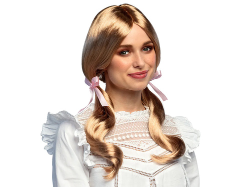 Peruca blonda cu cozi de cal si panglici