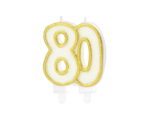 Lumânare aniversară 80 de ani cu sclipici auriu - 8,5 cm - 1 buc.