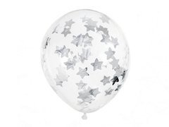 Baloane transparente cu confetti argintiu Stele - 30 cm - 6 buc.