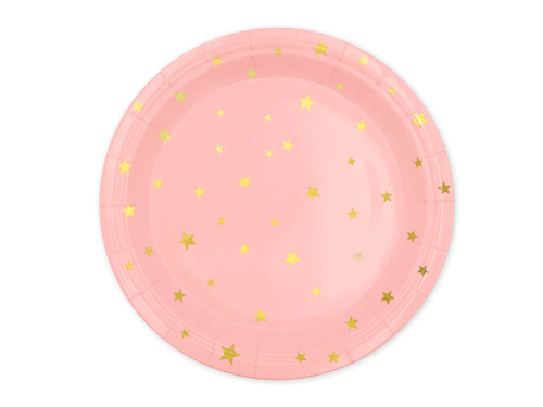 Farfurii de hârtie roz cu stele aurii - 23 cm - 6 buc.