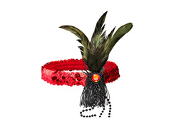 Bentiță din paiete roșii cu pene și perle