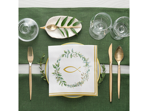 Șervețele pentru Prima Împărtășanie cu model pește și frunze – 40 cm – 50 de bucăți.