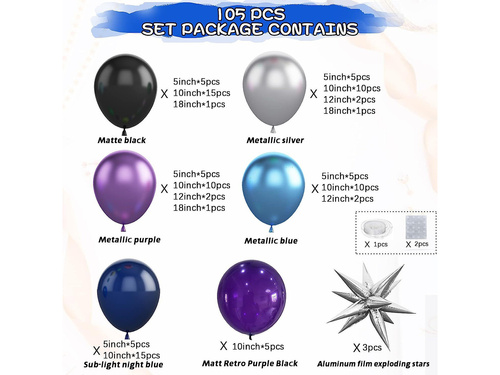 Set de baloane pentru ghirlandă în culori violet-albastru-negru – 105 bucăți.