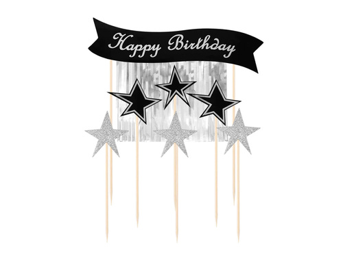Topper de tort Happy Birthday cu culegătoare de argint - 7 buc.