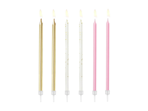 Lumânări aniversare roz și aurii - 12,5 cm - 6 buc.