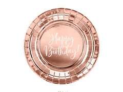 Farfurii aniversare Happy Birthday roz auriu - 18 cm - 6 buc.