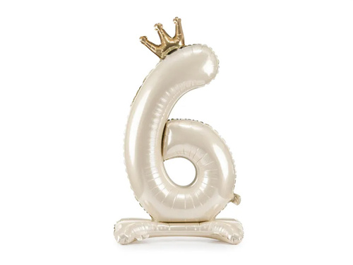 Balon vertical din folie numărul 6 crem cu coroană - 84 cm - 1 buc.