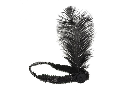 Bentiță retro neagră cu pene și pietricele - 1 buc.