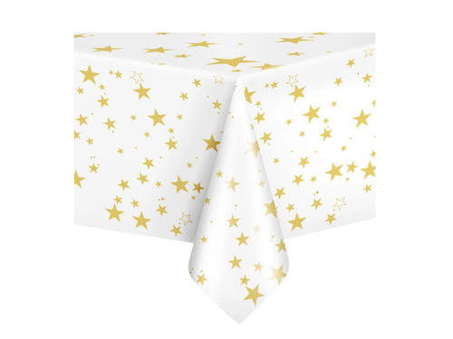 Față de masă aniversară albă cu stele aurii - 137 x 274 cm - 1 buc.
