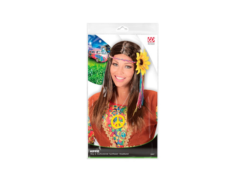 Peruca hippie maro cu bentiță multicoloră cu motive de floarea soarelui