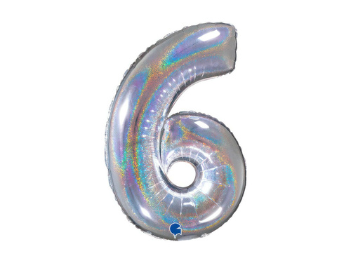 Balon din folie numărul 6 sclipici holografic argintiu - 26" - 1 buc.