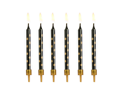 Lumânări aniversare negru cu puncte aurii - 6,5 cm - 12 buc.