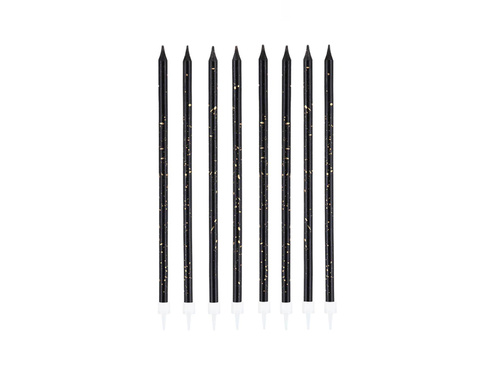 Lumânări lungi de aniversare negre și aurii - 15 cm - 8 buc.