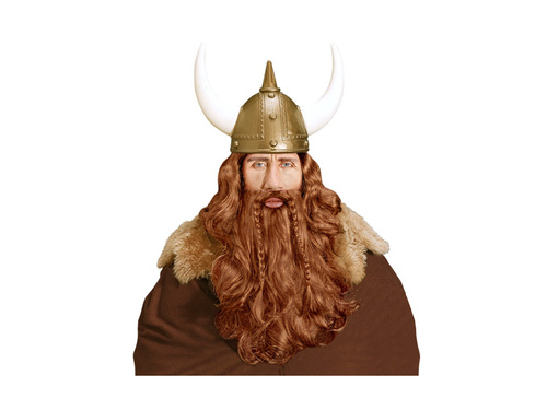 Peruca vikingă maro cu barbă și mustață