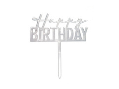 Plexiglas tort topper Happy Birthday argint - 1 buc.