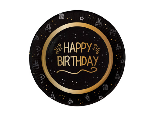 Farfurii de hârtie Happy Birthday negru - 23 cm - 8 buc.