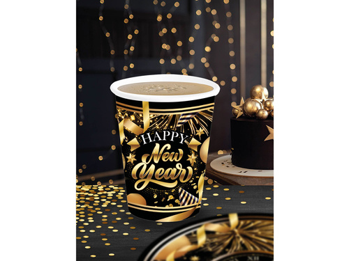 Pahare de hârtie pentru Ajunul Anului Nou Happy New Year negru - 240 ml - 6 buc.