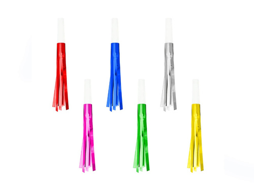 Fluier de trompetă derulat cu ciucuri colorați - 6 buc