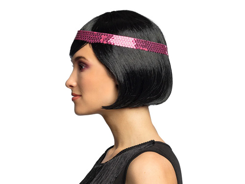 Peruca retro neagră cu bandă roz - 1 buc.