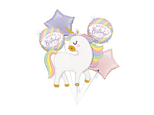 Buchet de baloane din folie Unicorn Happy Birthday - 37" + 17" - 5 buc.