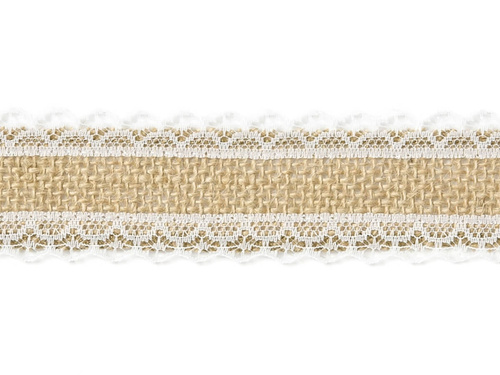 Panglică de iută cu dantelă albă, 50 mm / 5 m, 1 buc.