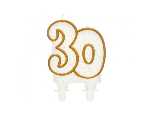 Lumânare aniversară 30 de ani cu sclipici și margine aurie - 1 buc.