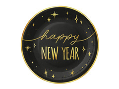 Farfurii de hârtie Happy New Year negru - 18 cm - 6 buc.