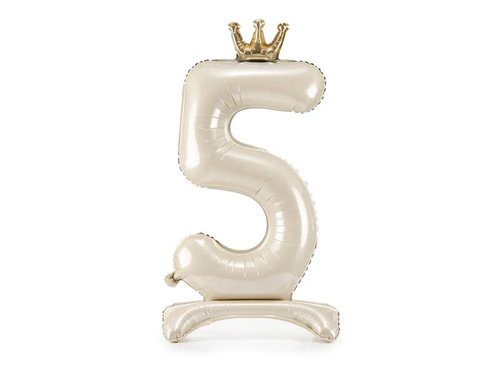 Balon vertical din folie numărul 5 crem cu coroană - 84 cm - 1 buc.