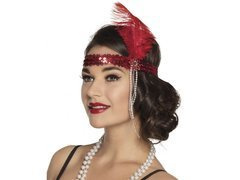 Bentiță retro roșie cu pene și mărgele - 1 buc.