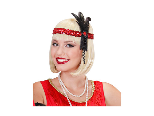 Bentiță din paiete roșii cu pene și perle